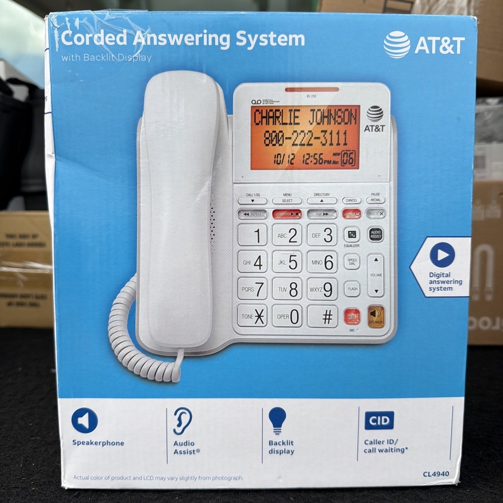 AT&T CL4940 Corded Phone Answering System Backlit Display White